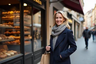 Femme souriante devant une boulangerie dans Carmes à Toulouse