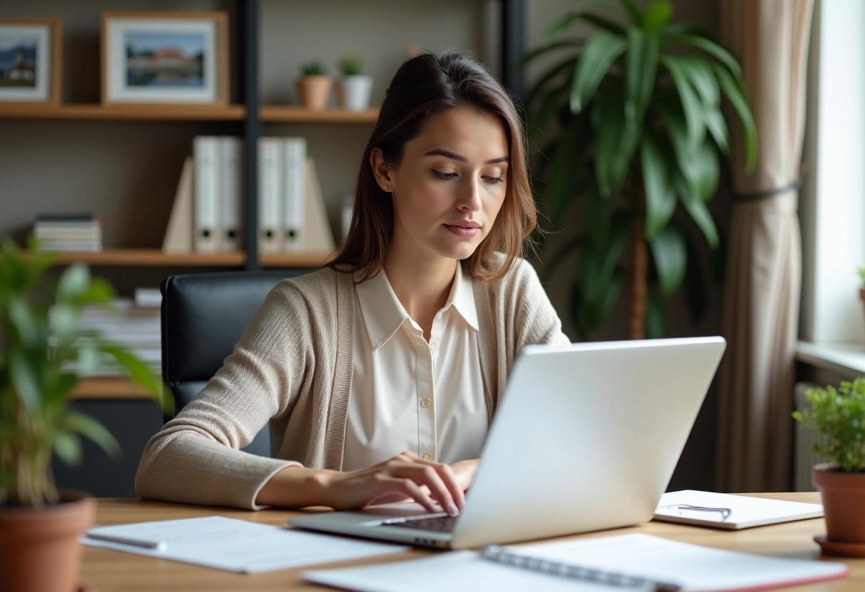 Jeune femme travaillant sur un contrat de location dans un bureau
