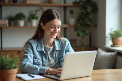 Femme assise à son bureau à la maison avec un sourire naturel