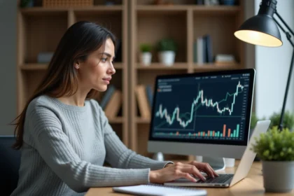 Femme concentrée devant son ordinateur portable analysant des graphiques financiers dans un bureau à domicile moderne