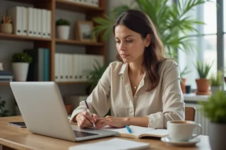 Femme consultant des avis en ligne sur un ordinateur portable avant de signer un contrat immobilier Icade
