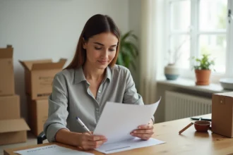 Femme lisant un contrat EDF dans une cuisine après l'achat d'un logement avec des cartons de déménagement