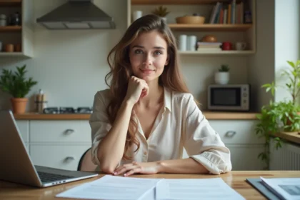 Jeune femme réfléchissant avec papiers de location