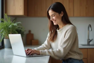 Femme souriante utilisant un ordinateur portable dans une cuisine moderne