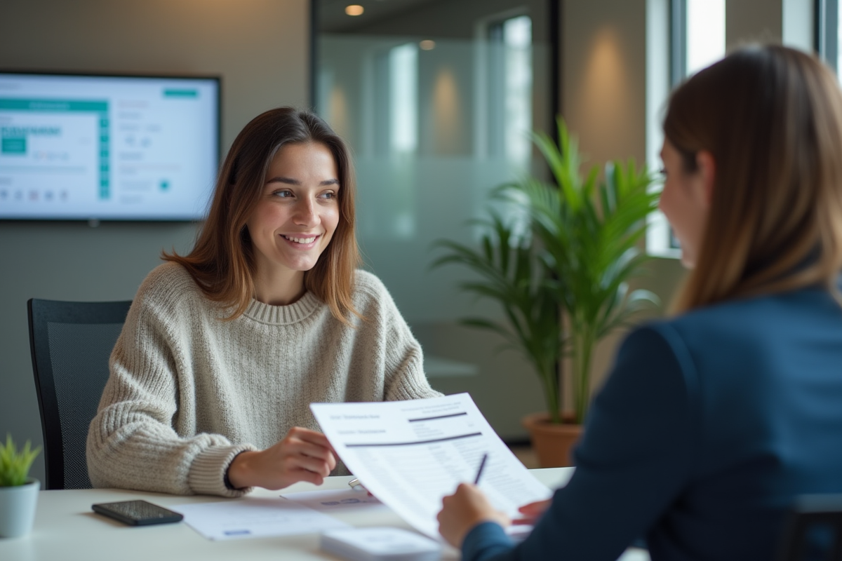 Jeune femme discutant d un relevé bancaire avec un conseiller