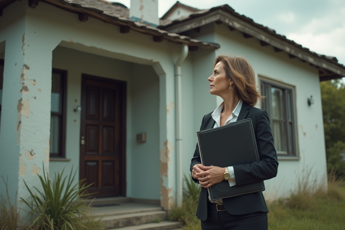 Femme en tenue professionnelle devant une maison délabrée