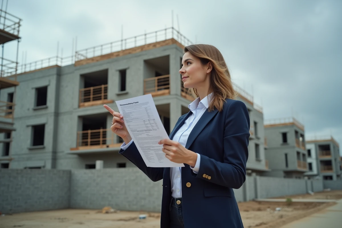 Femme examinant un dossier de permis de construire devant un chantier résidentiel