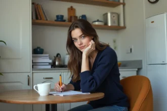 Jeune femme écrit une lettre à la main dans la cuisine