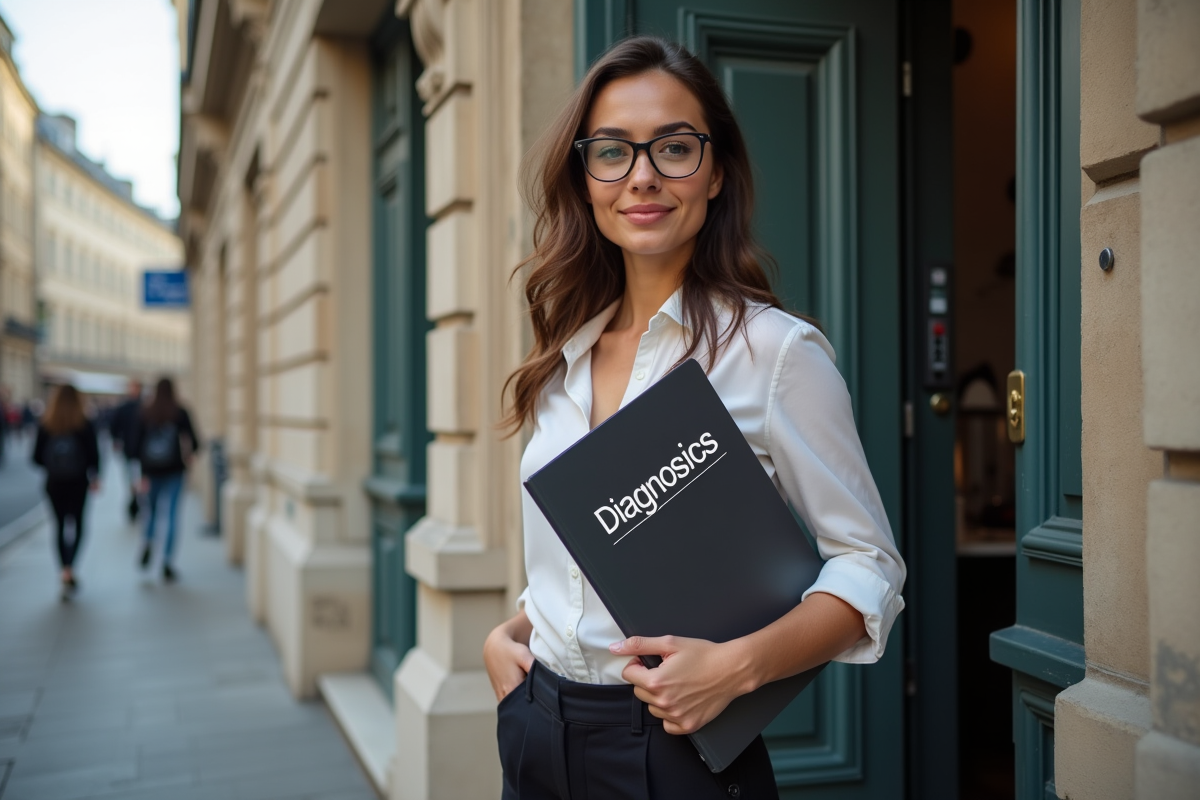 Jeune femme devant une entrée de bâtiment rénové à Paris