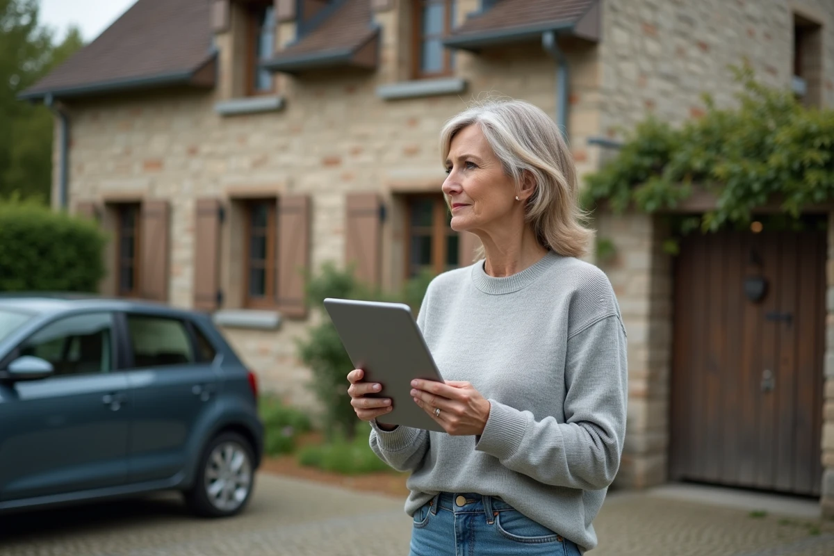 Femme propriétaire debout devant sa maison française avec une tablette affichant une estimation immobilière