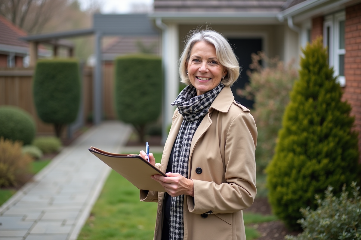 Femme souriante tenant un dossier immobilier dans un jardin