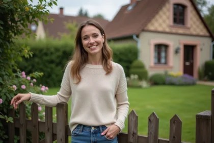 Femme souriante devant une maison en Bourgogne