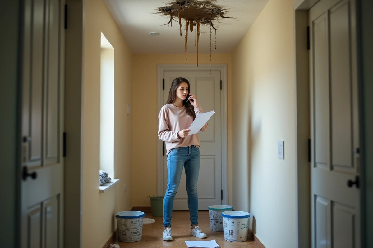 Jeune femme parlant au téléphone dans un couloir avec des seaux