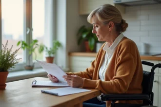 Femme en fauteuil lisant des documents dans une cuisine accessible