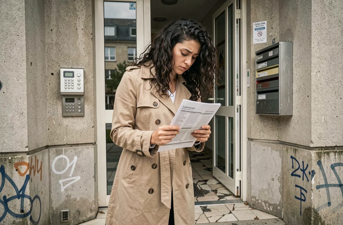 Jeune femme examinant une annonce de colocation devant un immeuble vétuste à Nantes