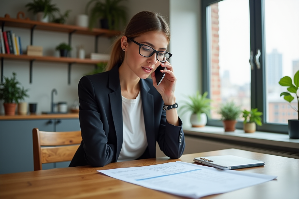 Jeune femme vérifie une facture de détection de fuite à table