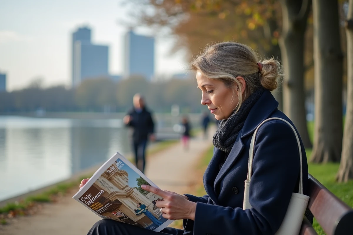 Femme lisant un guide de quartier sur un banc au bord du lac de Créteil, avec vue sur les immeubles résidentiels et la nature urbaine