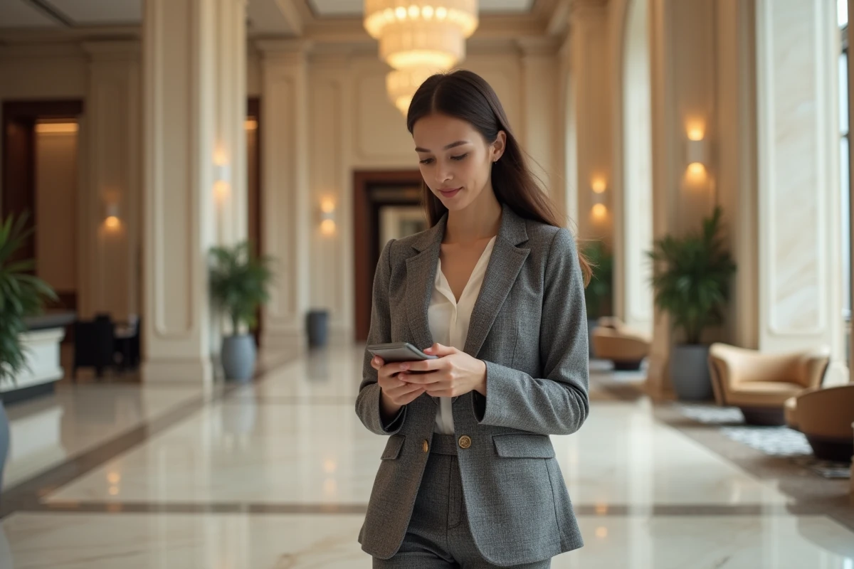 Femme d affaires dans le lobby d Almas Tower à Dubai