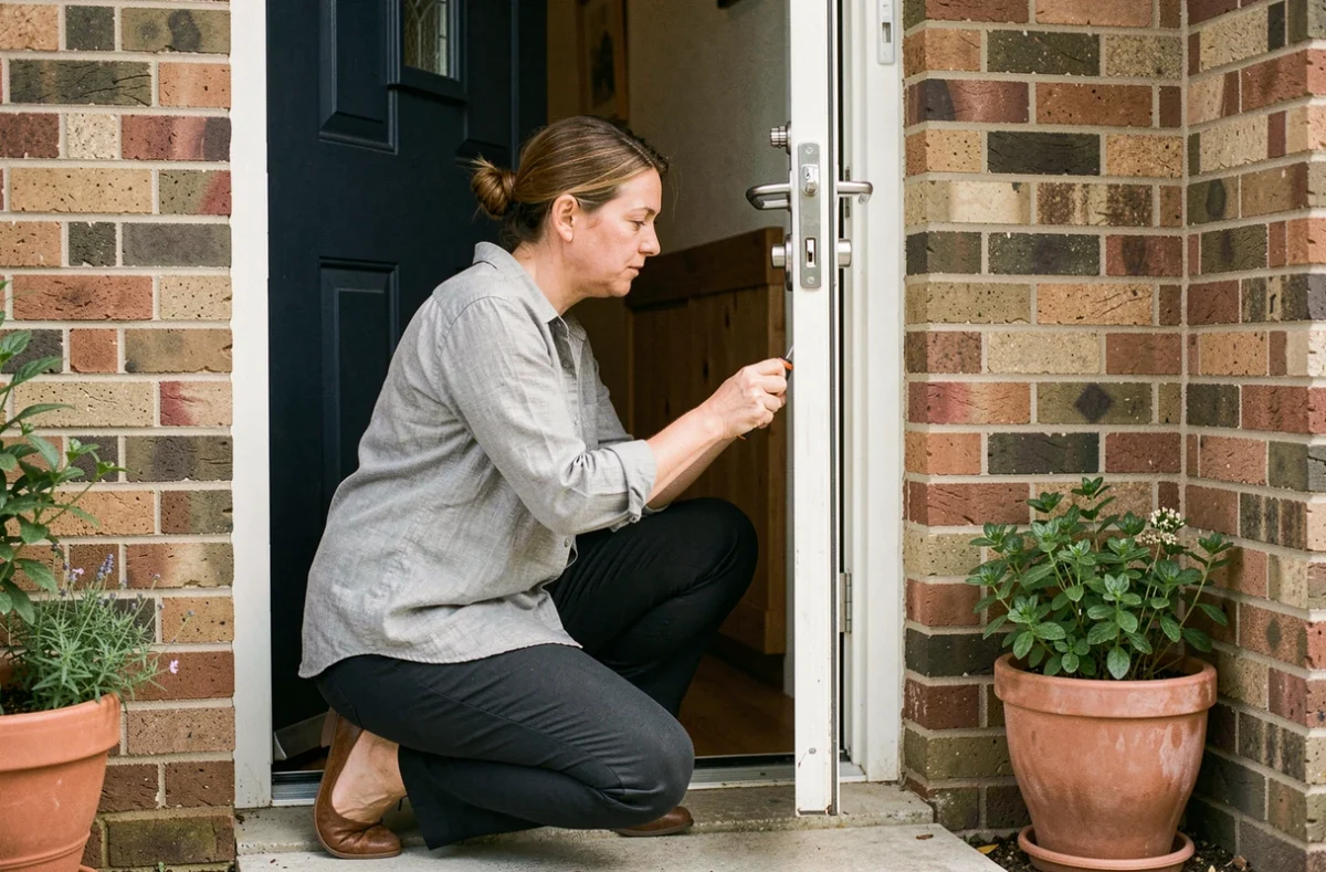 Femme locataire installant une nouvelle serrure sur la porte d'entrée d'une maison