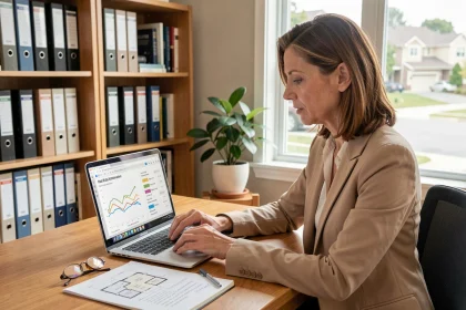 Femme consultant un logiciel d'estimation immobilière sur ordinateur portable dans un bureau à domicile