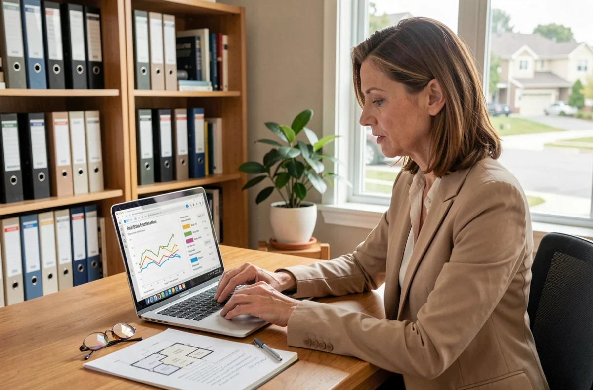 Femme consultant un logiciel d'estimation immobilière sur ordinateur portable dans un bureau à domicile