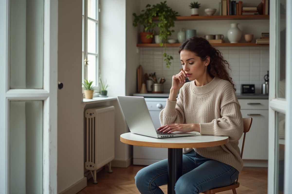 Jeune femme cherche appartement dans une cuisine chaleureuse