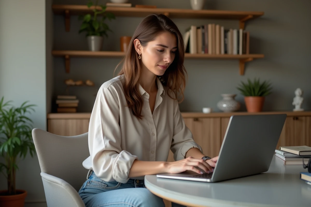 Femme assise à son bureau cherchant immobilier sur son ordinateur