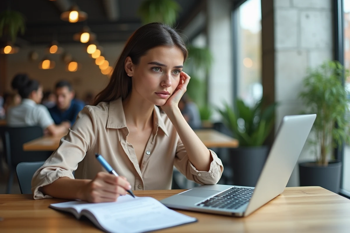 Jeune femme consultant un site de questions juridiques notariales sur son ordinateur portable