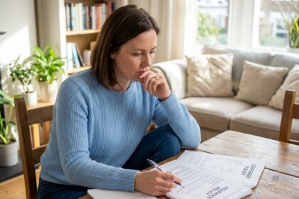 Femme concentrée examinant documents d'assurance à la maison
