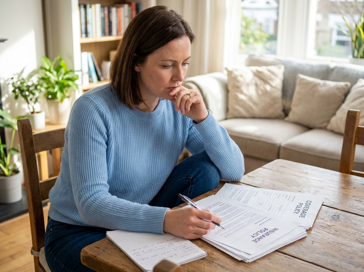 Femme concentrée examinant documents d'assurance à la maison