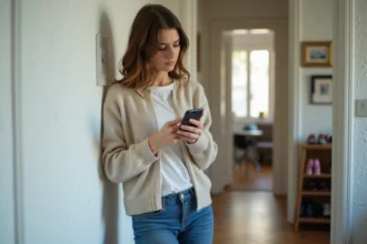 Jeune femme regardant son smartphone près d'un tableau électrique