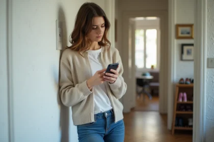 Jeune femme regardant son smartphone près d'un tableau électrique