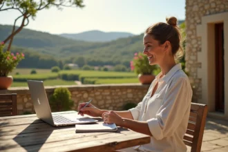 Femme souriante travaillant sur son ordinateur avec vue sur vignobles