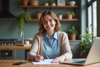 Femme souriante en cuisine avec papiers et ordinateur