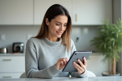 Femme utilisant une tablette pour accéder à son espace client MyFoncia depuis son domicile