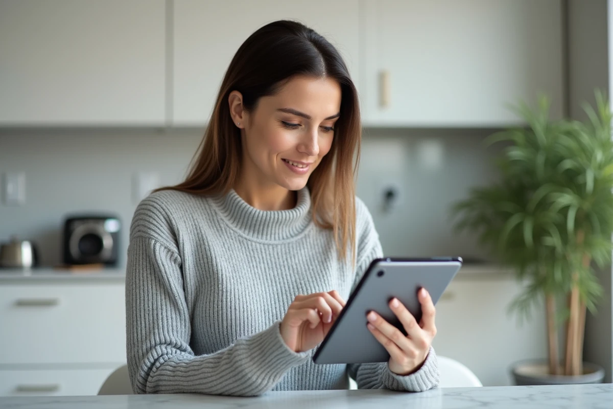Femme utilisant une tablette pour accéder à son espace client MyFoncia depuis son domicile