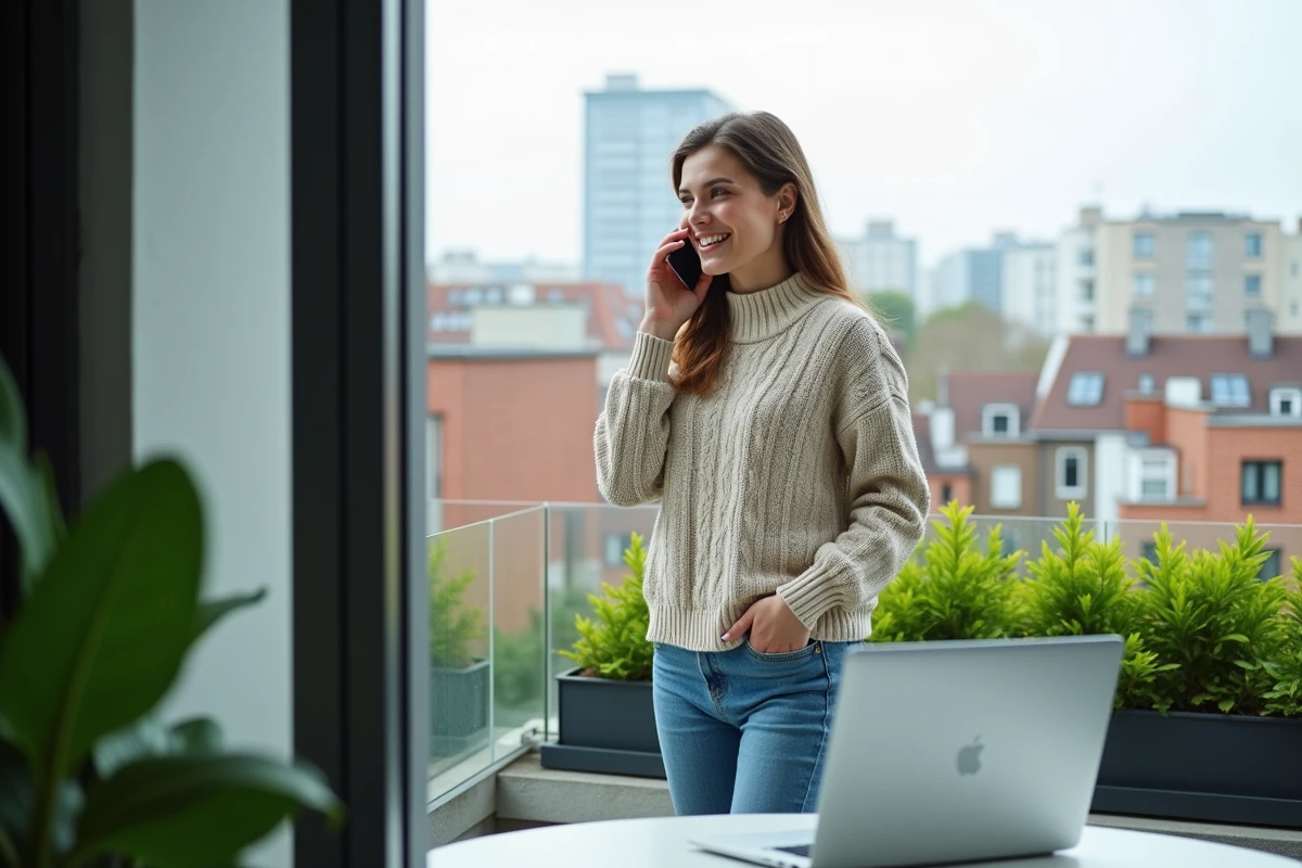 Jeune femme souriante parlant au téléphone près d