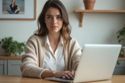 Jeune femme professionnelle utilisant un ordinateur à la maison