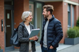 Femme d'âge moyen parlant avec un jeune professionnel devant un immeuble