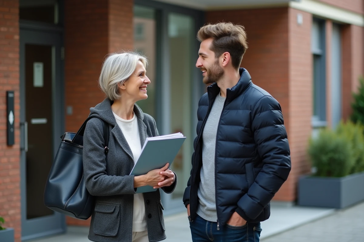 Femme d'âge moyen parlant avec un jeune professionnel devant un immeuble