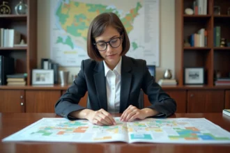 Femme professionnelle étudie des plans urbains dans un bureau moderne
