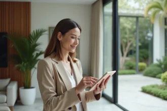 Femme en blazer beige utilisant une tablette pour un tour virtuel