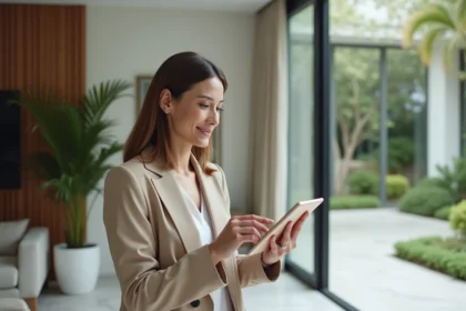 Femme en blazer beige utilisant une tablette pour un tour virtuel