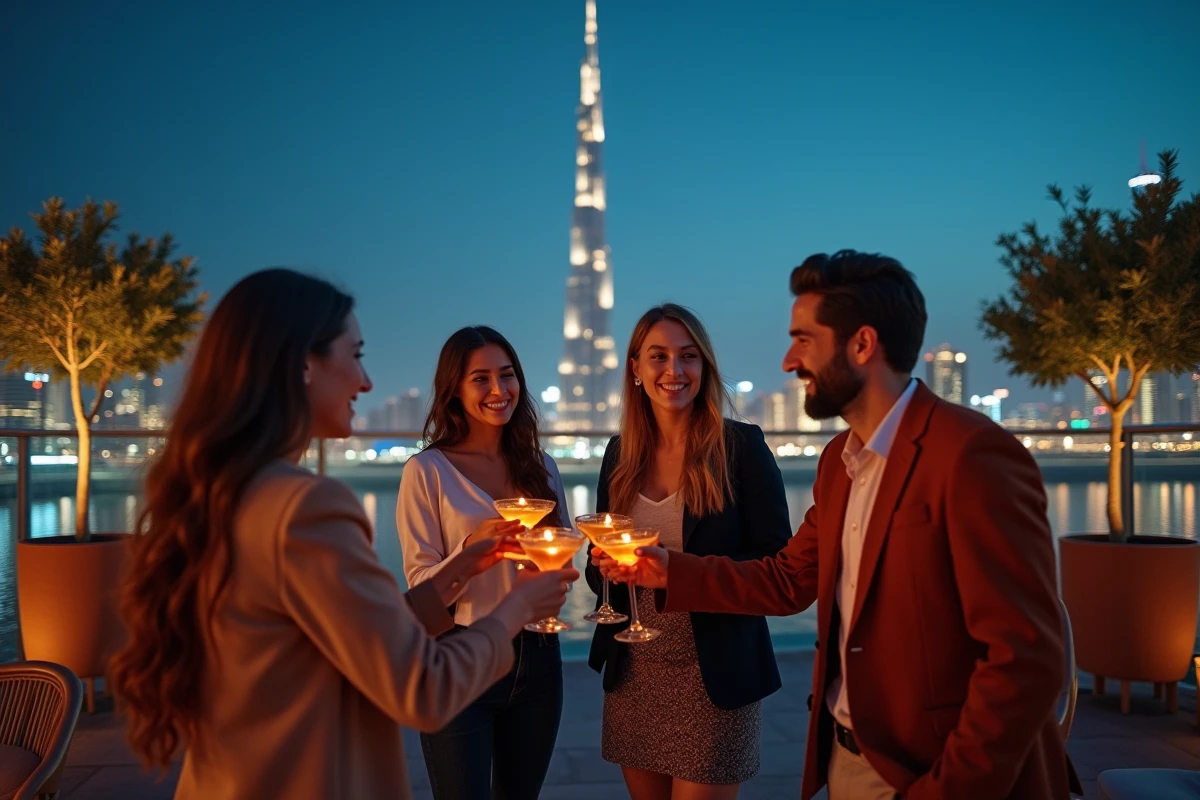 Groupe de jeunes adultes festoyant sur un rooftop bar à Downtown Dubai avec vue sur le Burj Khalifa au crépuscule