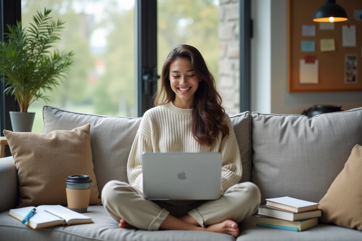 Jeune femme souriante en visioconference dans un salon cosy