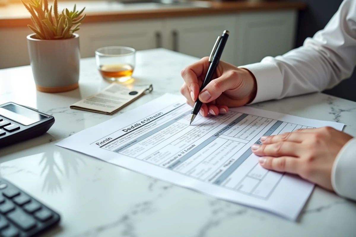 Mains remplissant un formulaire fiscal de déclaration de plus-value immobilière