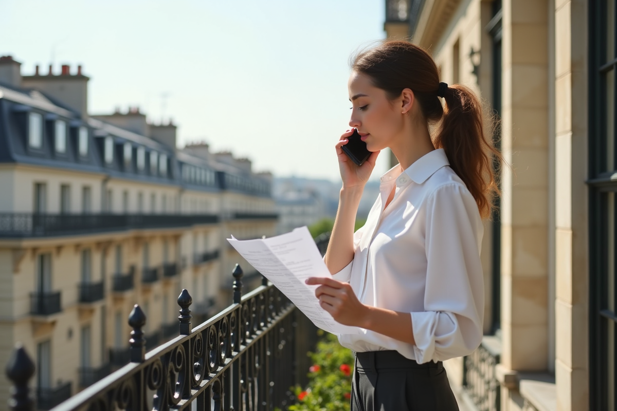 Jeune femme française parle au téléphone sur un balcon parisien