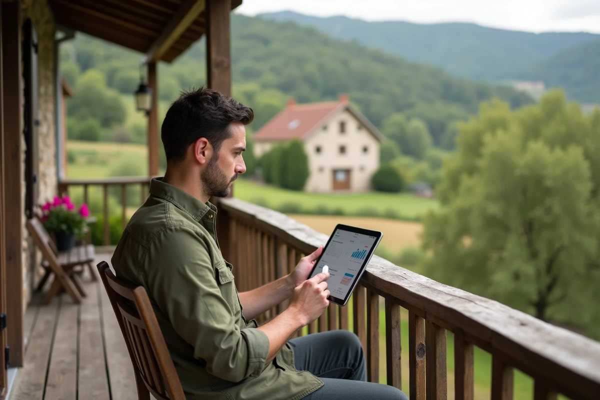 Gestionnaire de gîte rural consultant une application de gestion locative sur tablette depuis la terrasse en bois d'une propriété