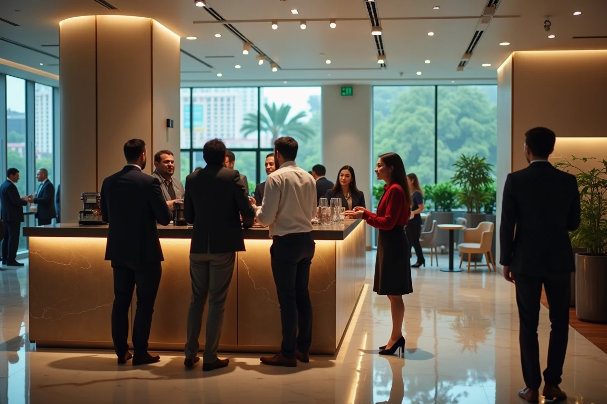Groupe de professionnels discutant dans le lobby de l