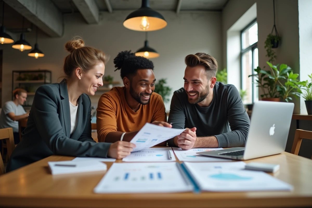 Groupe de professionnels collaborant autour de documents financiers dans un espace de coworking moderne